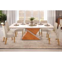 Sala de Jantar Completa Zafira Tampo Madeirado c/ Vidro Curvo 200x100cm e 8 Cadeiras Jade Cedro/Off White - Linho Neve - DJ Móveis Sala de Jantar Completa Zafira Tampo Madeirado c/ Vidro Curvo 200x100cm e 8 Cadeiras Jade Cedro/Off White - Linho Neve - DJ Móveis
