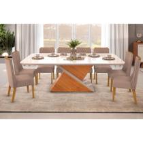 Sala de Jantar Completa Zafira Tampo Madeirado c/ Vidro Curvo 200x100cm e 8 Cadeiras Jade Cedro/Off White - Suede Kraft - DJ Móveis Sala de Jantar Completa Zafira Tampo Madeirado c/ Vidro Curvo 200x100cm e 8 Cadeiras Jade Cedro/Off White - Suede Kraft - DJ Móveis