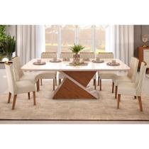 Sala de Jantar Completa Zafira Tampo Madeirado c/ Vidro Curvo 200x100cm e 8 Cadeiras Jade Freijo/Off White - Linho Neve - DJ Móveis