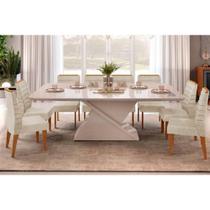 Sala de Jantar Completa Zafira Tampo Madeirado c/ Vidro Curvo 200x100cm e 8 Cadeiras Ondina Off White - Freijo/Linho Neve - DJ Móveis Sala de Jantar Completa Zafira Tampo Madeirado c/ Vidro Curvo 200x100cm e 8 Cadeiras Ondina Off White - Freijo/Linho Neve - DJ Móveis