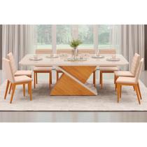 Sala de Jantar Completa Zafira Tampo Madeirado c/ Vidro Curvo 200x100cm e 8 Cadeiras Sofia Cedro/Off White - Ipe/Suede Creme - DJ Móveis Sala de Jantar Completa Zafira Tampo Madeirado c/ Vidro Curvo 200x100cm e 8 Cadeiras Sofia Cedro/Off White - Ipe/Suede Creme - DJ Móveis