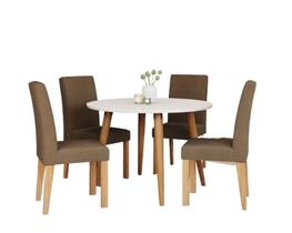 Sala De Jantar Mesa Dani 110cm Vidro Off White 4 Cadeiras Maia Estofada Cinamomo
