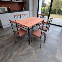 Sala de Jantar Mesa Madeira Maciça e 6 Cadeiras Estofadas Impermeáveis - Elegância Rústica