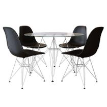 Sala De Jantar Mesa Redonda Vidro 90Cm Base Ferro Branco Com 4 Cadeiras Pretas Cor: Preto Sala De Jantar Mesa Redonda Vidro 90Cm Base Ferro Branco Com 4 Cadeiras Pretas Cor: Preto