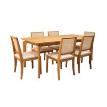 Sala de Jantar Mesa Siena 180x90 Tampo Madeira Canto Copo 6 Cadeiras Bari Tela Sintética Madeira Maciça Cinamomo