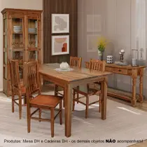 Sala de Jantar Rústica Mesa 1,60m Retangular com 6 Cadeiras em Madeira Maciça - Natural
