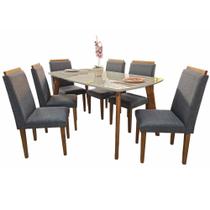 Sala de Jantar RV Móveis Jade tampo de vidro 160 cm pés de madeira maciça com 6 cadeiras Arezzo estofadas pés de madeira maciça OFF White/Cinza