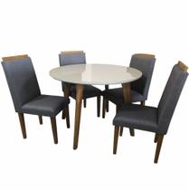 Sala de Jantar RV Móveis Turmalina tampo redondo com vidro 108 cm pés de madeira maciça com 4 cadeiras Arezzo estofadas OFF White Cinza Sala de Jantar RV Móveis Turmalina tampo redondo com vidro 108 cm pés de madeira maciça com 4 cadeiras Arezzo estofadas OFF White Cinza