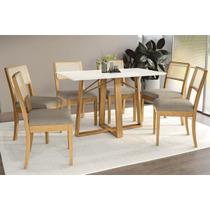 Sala Jantar Mesa Elma Premium Madeira Maciça c/ Tampo Madeirado c/ Vidro 160x90cm e 6 Cadeiras Lola Carvalho/Off White - Boucle Bege Fendi-Kappesberg