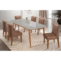 Sala Jantar Mesa Havana Tampo c/ Vidro Curvo 180cm+6 Cadeiras Maldivas Madeira Naturale/Off White - Capuccino/Corano Capuccino - Rufato