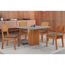 Sala Jantar Mesa Maldivas Tampo c/ Vidro Curvo 90cm+4 Cadeiras Havana Naturale/Off White - Suede Capuccino - Rufato