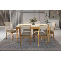 Sala Jantar Mesa Mira Premium Madeira Maciça c/ Tampo Madeirado c/ Vidro 160x90cm e 6 Cadeiras Lara Carvalho/Off White - Boucle Bege Fendi-Kappesberg