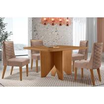 Sala Jantar Mesa Nevada Tampo Curvo 90cm+4 Cadeiras Dafne Madeira Naturale - Capuccino/Linho Capuccino - Rufato