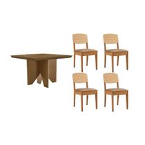 Sala Jantar Mesa Nevada Tampo Curvo 90cm+4 Cadeiras Havana Naturale - Linho Bege - Rufato