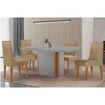 Sala Jantar Mesa Pietá Tampo c/ Vidro Curvo 120cm+4 Cadeiras Dakota Madeira Naturale/Off White - Capuccino/Linho Bege - Rufato Sala Jantar Mesa Pietá Tampo c/ Vidro Curvo 120cm+4 Cadeiras Dakota Madeira Naturale/Off White - Capuccino/Linho Bege - Rufato