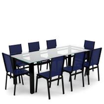 Sala Jantar Retangular 8 Lugares Alumínio Preto Tela Azul