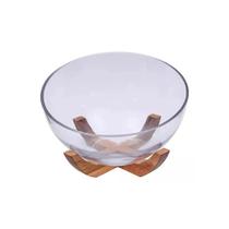 Saladeira Aclive de Vidro com base Acácia Ø26xA18cm - Mimo Style