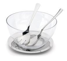 Saladeira De Vidro Com Talheres Prato Inox 4 Peças 1,8 Litros Kit Para Servir Salada Festa Casa Mesa