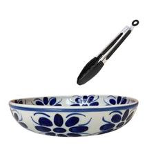 Saladeira RASA de porcelana pintada à mão com pegador inox