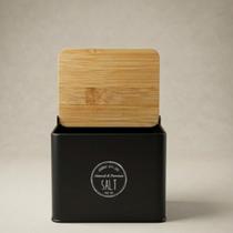 Saleira Cozinha Pote em Lata com Tampa de Bambu 14cm Grande 500ml Premium Preto