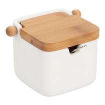 Saleiro Açucareiro Cerâmica Porcelana Tampa Bambu C/ Colher Branco