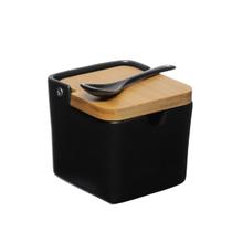 Saleiro Açucareiro Tampa De Bambu Em Porcelana Decoração Despensa Cozinha Porta Condimento 270ml