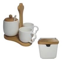 Saleiro Branco Tampa Bambu Lanche Café Açucareiro E Xícaras
