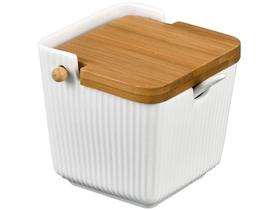 Saleiro Cerâmica 300ml com Tampa Bambu e Colher Hauskraft Oásis Porta Sal Cozinha Elegante Branco