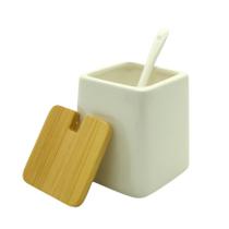 Saleiro Cerâmica Branco Tampa Bambu C/ Colher Açucareiro Saleiro Cerâmica Branco Tampa Bambu C/ Colher Açucareiro