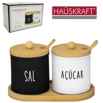 Saleiro Com Açucareiro De Vidro 2 Peças Com Colher + Tampa E Suporte Bambu Linha Servir Doha Hauskraft Premium