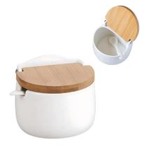 Saleiro Com Colher Em Porcelana Tampa Madeira 290ml Multiuso