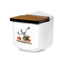 Saleiro de Cerâmica Branco Decorado e Tampa de Madeira