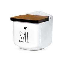 Saleiro de Cerâmica Branco Decorado e Tampa de Madeira