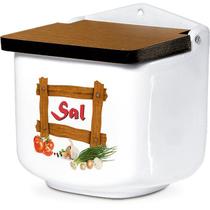 Saleiro de Cerâmica Branco Decorado e Tampa de Madeira - SEGUNDA LINHA DEFEITO