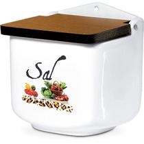 Saleiro de Cerâmica Branco Decorado e Tampa de Madeira - SEGUNDA LINHA DEFEITO