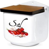 Saleiro de Cerâmica Branco Decorado e Tampa de Madeira - SEGUNDA LINHA DEFEITO