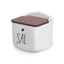 Saleiro de Cerâmica Branco Decorado e Tampa de Madeira - SEGUNDA LINHA DEFEITO