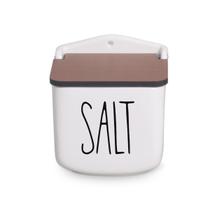 Saleiro de Cerâmica Branco Decorado e Tampa de Madeira - SEGUNDA LINHA DEFEITO