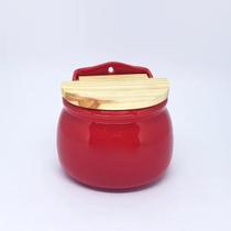 Saleiro De Cerâmica Vermelho Com Tampa De Madeira