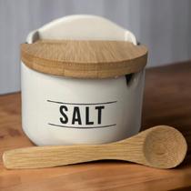 Saleiro de Cozinha de Porcelana Branco Premium Salt 290ml com Tampa e Colher de Bambu