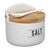 Saleiro de Cozinha de Porcelana Manhattan Hauskraft 290ml Branco com Tampa Bambu e Colher