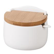 Saleiro de Cozinha de Porcelana Porta Temperos e Condimentos 290ml com Tampa de Bambu e Colher