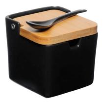 Saleiro de Cozinha de Porcelana Preto Liso Quadrado Manhattan Hauskraft 270ml com Tampa de Bambu e Colher Porcelana