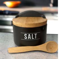 Saleiro de Cozinha de Porcelana Preto Premium Salt 290ml com Tampa e Colher de Bambu
