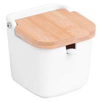 Saleiro de mesa com colher de cerâmica e tampa de bambu Bianco Lyor 9x9x8,5