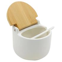 Saleiro de Mesa de Cerâmica c/ Tampa de Bambu e Colher Bianco (10cmx9,5cm) - Lyor