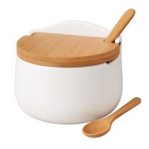 Saleiro de Mesa Porta Condimento Porcelana com Tampa de Bambu 290ml Branco