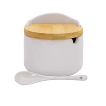 Saleiro De Porcelana Para Mesa Posta Branco Com Colher E Tampa Bambu