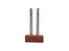 Saleiro e Pimenteiro Porta Condimentos Aço Inox Com Base Suporte Em Madeira MDF Para Cozinha Restaurante