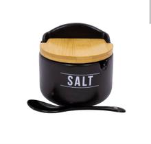 Saleiro Haüskraft Manhattan Porcelana Fosca Preta 300ml com Tampa Bambu